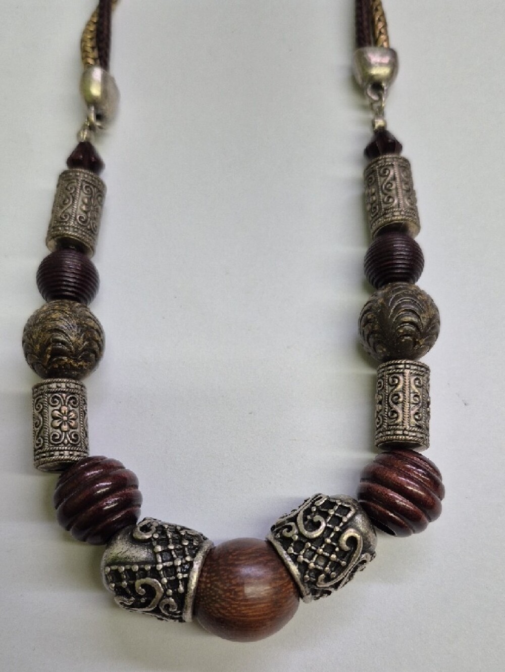 Chico's Chunky Bohemian Brown Wood & Silver-Tone Bead Necklace - Picture 3 of 5